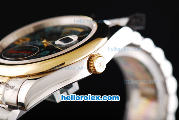 Rolex Day-Date II Oyster Perpetual Automatic Movement Two Tone with Gold Bezel and Flower Pattern Black Dial - Click Image to Close